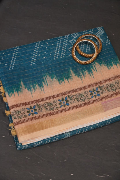 Linen Saree - Bandhini - Peacock Blue