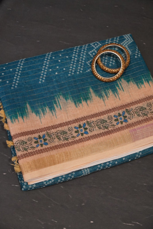Linen Saree - Bandhini - Peacock Blue