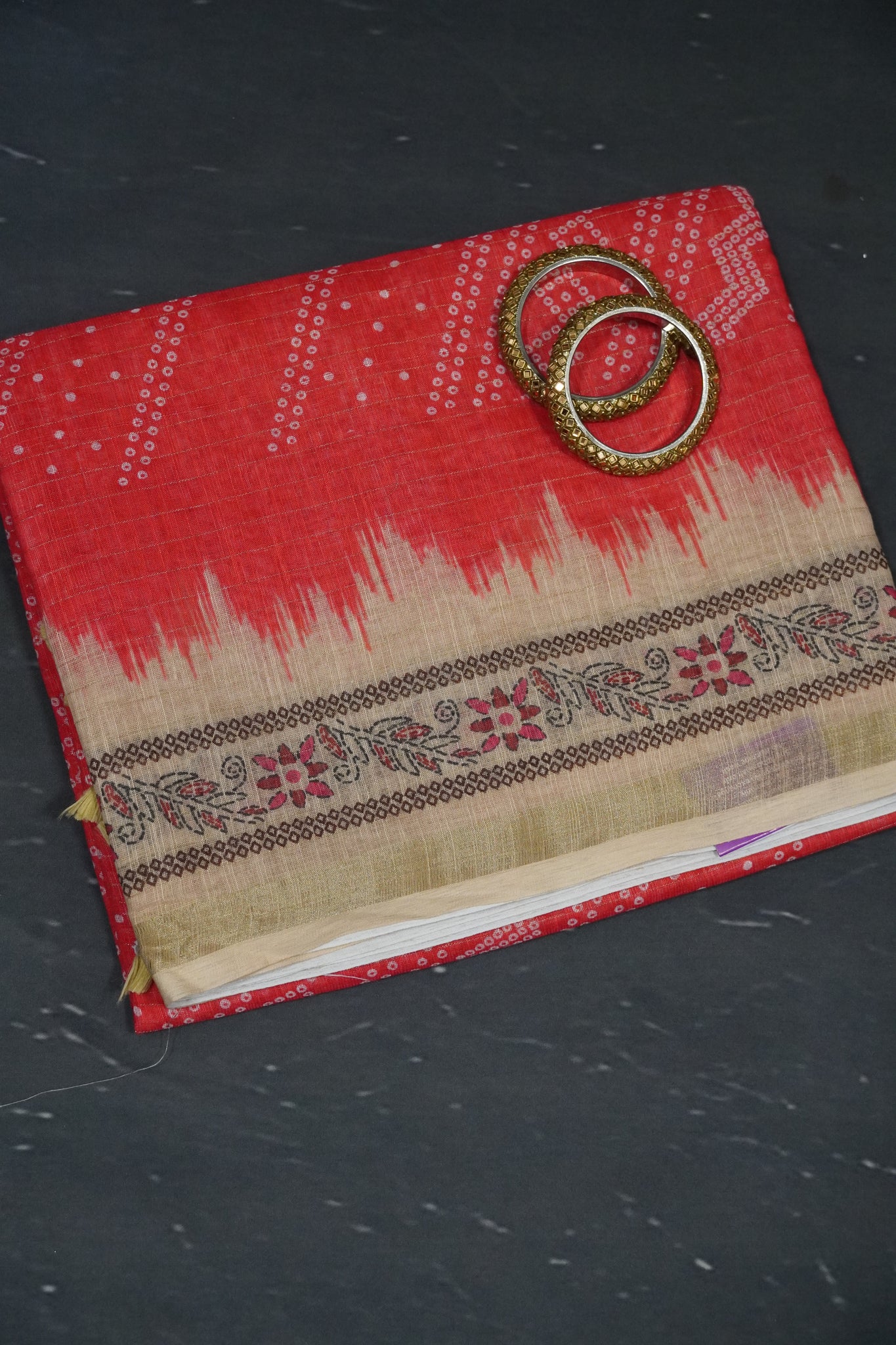Linen Saree - Bandhini - Redish Pink