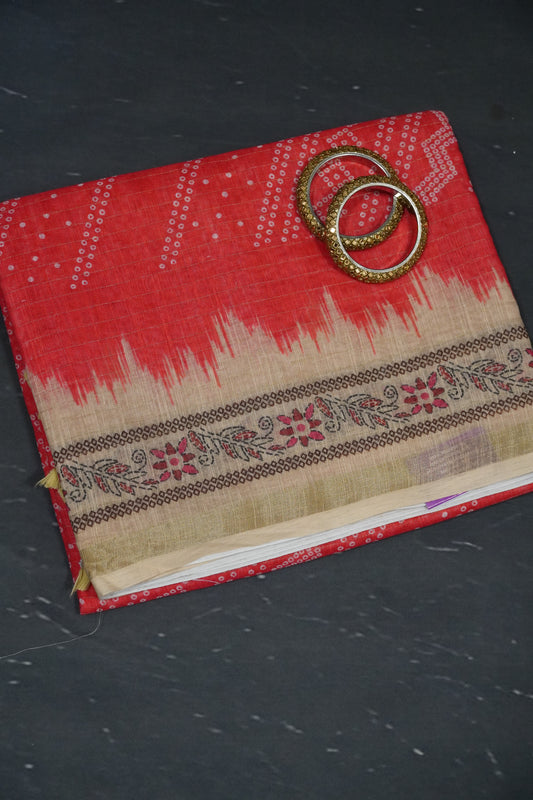 Linen Saree - Bandhini - Redish Pink