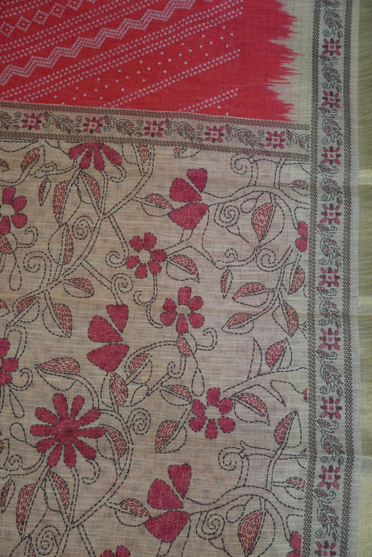 Linen Saree - Bandhini - Redish Pink