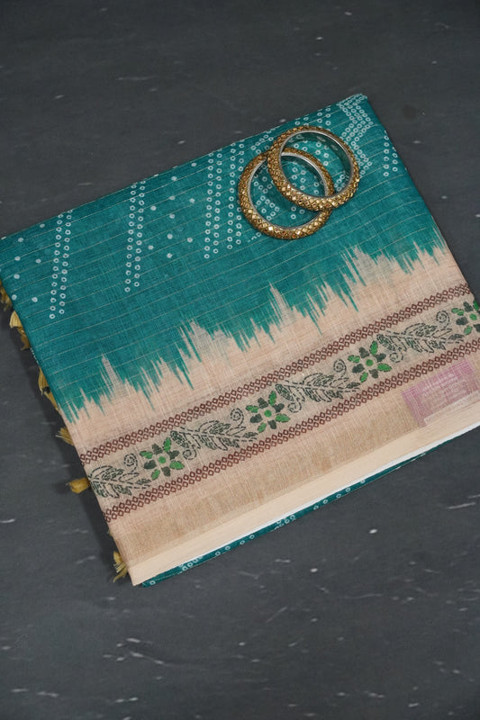 Linen Saree - Bandhini - Peacock Green