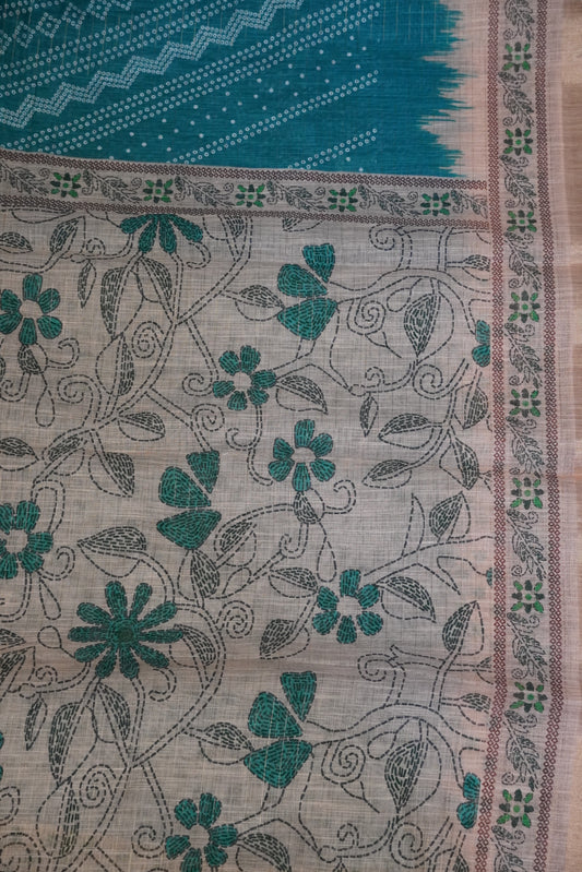 Linen Saree - Bandhini - Peacock Green