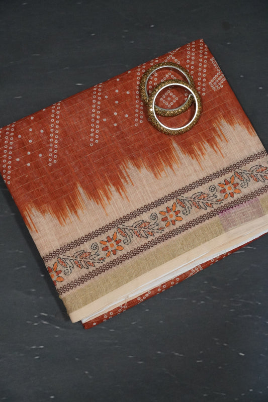 Linen Saree - Bandhini - Light Brown