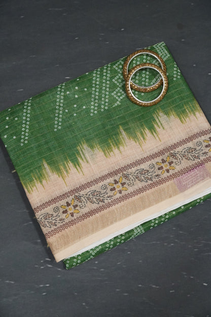 Linen Saree - Bandhini - Green