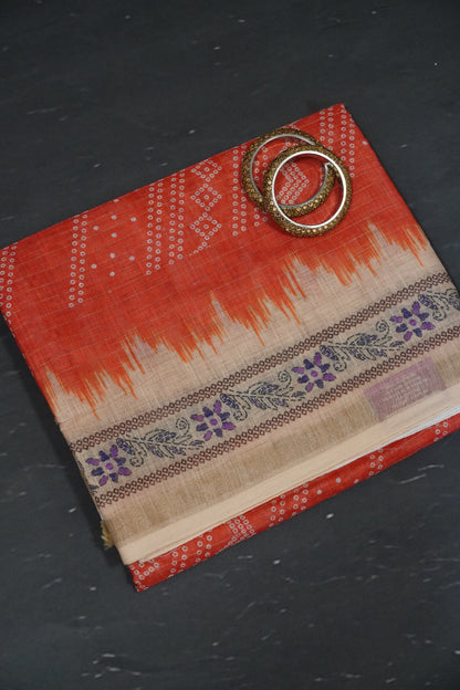 Linen Saree - Bandhini - Orange