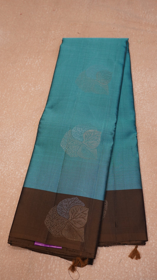 Pure Double Wrap Soft Silk Saree-Sea Blue-Brown