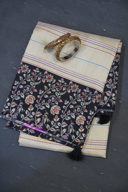 Semi Tussar Saree - Beige - Black