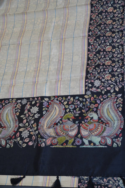 Semi Tussar Saree - Beige - Black