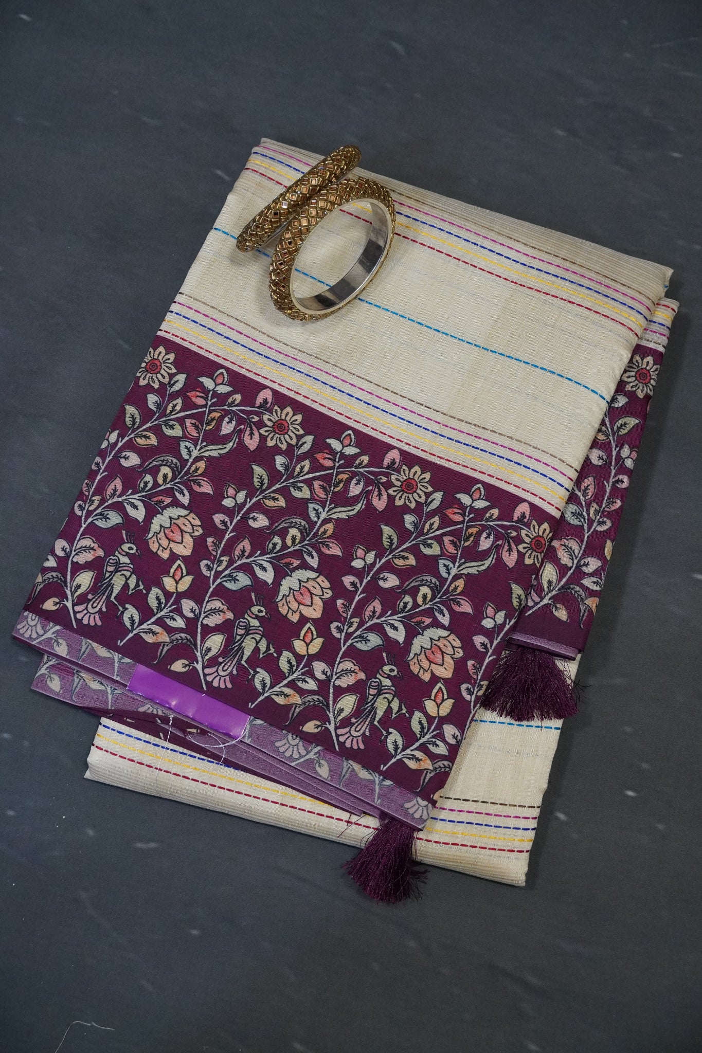 Semi Tussar Saree - Beige - Wine
