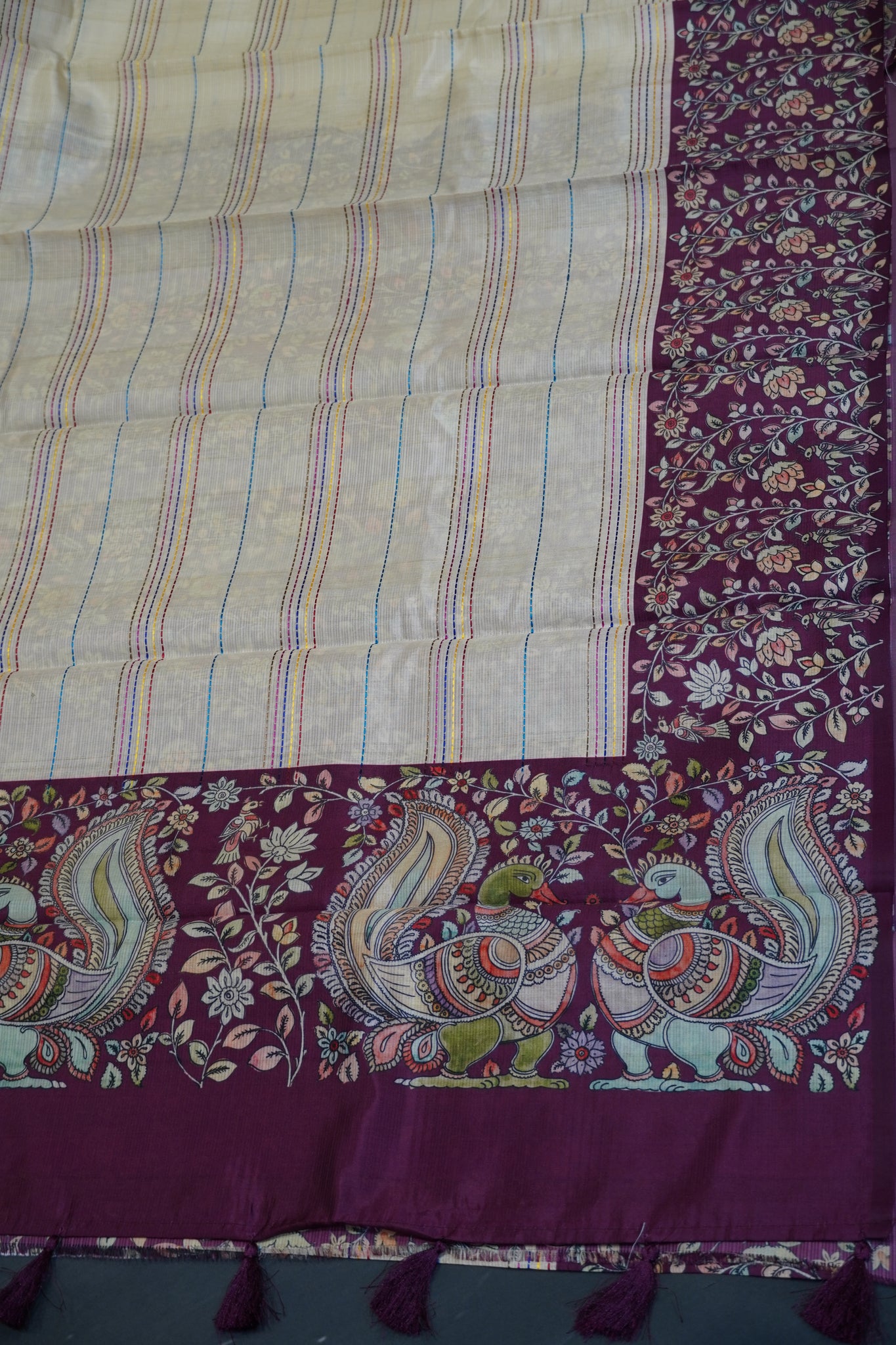 Semi Tussar Saree - Beige - Wine