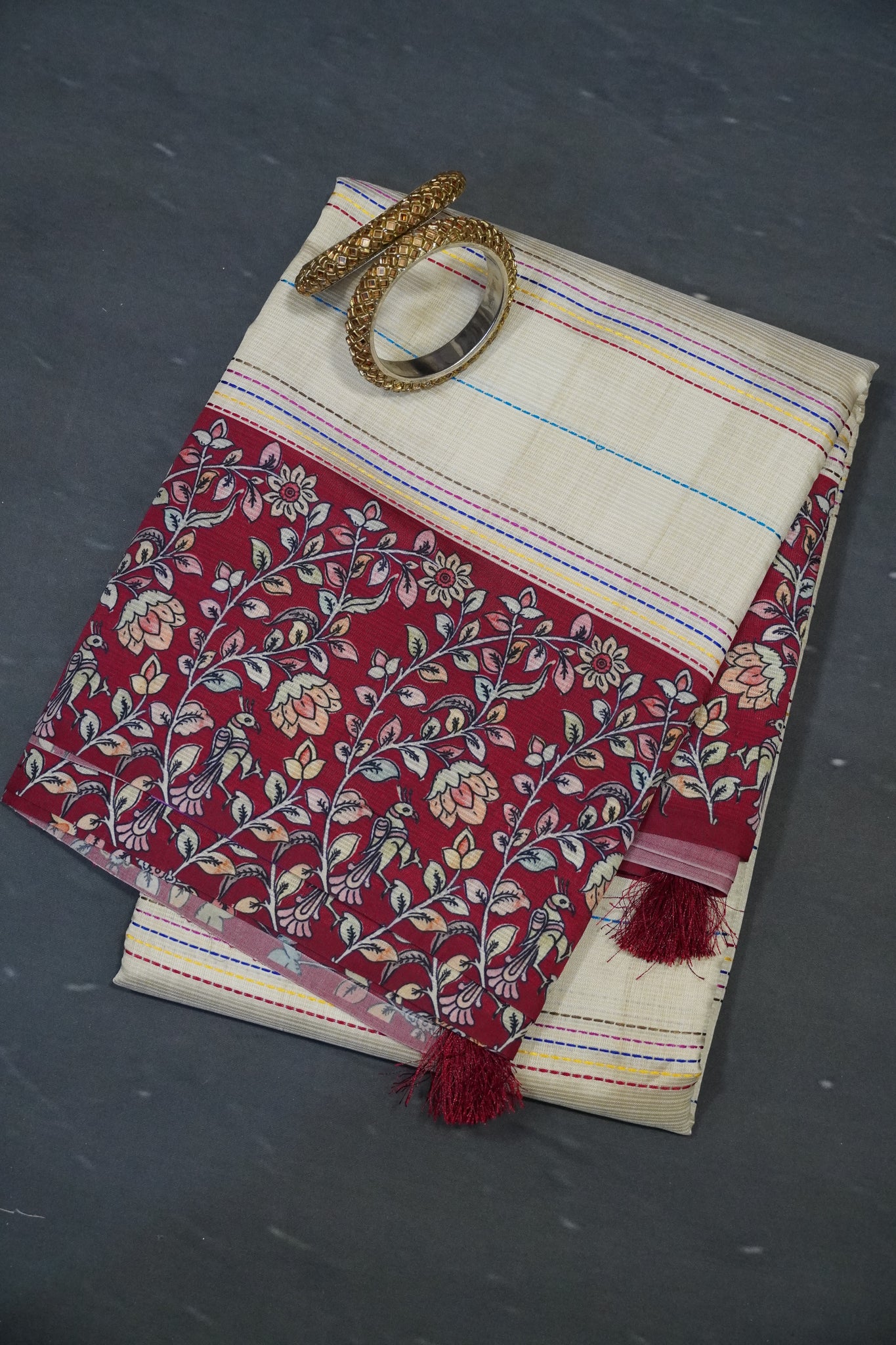 Semi Tussar Saree - Beige - Maroon