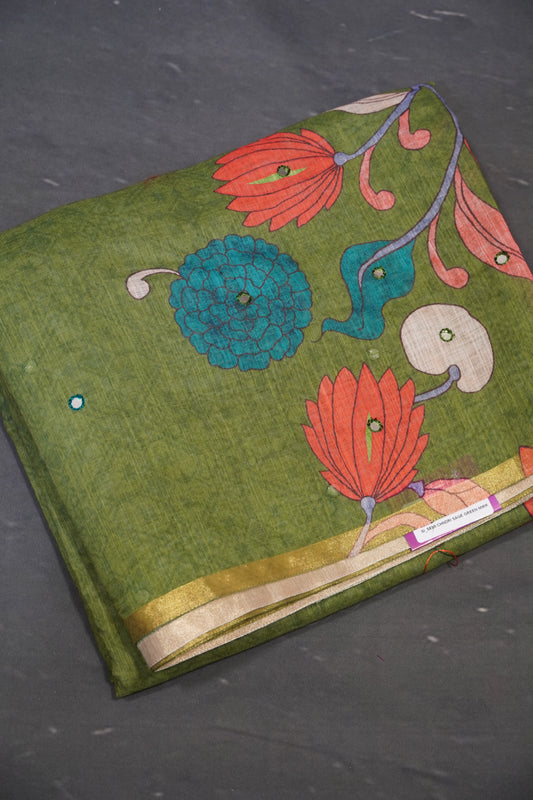 Linen Saree - Mirror Work Floral Pattern Sage Green