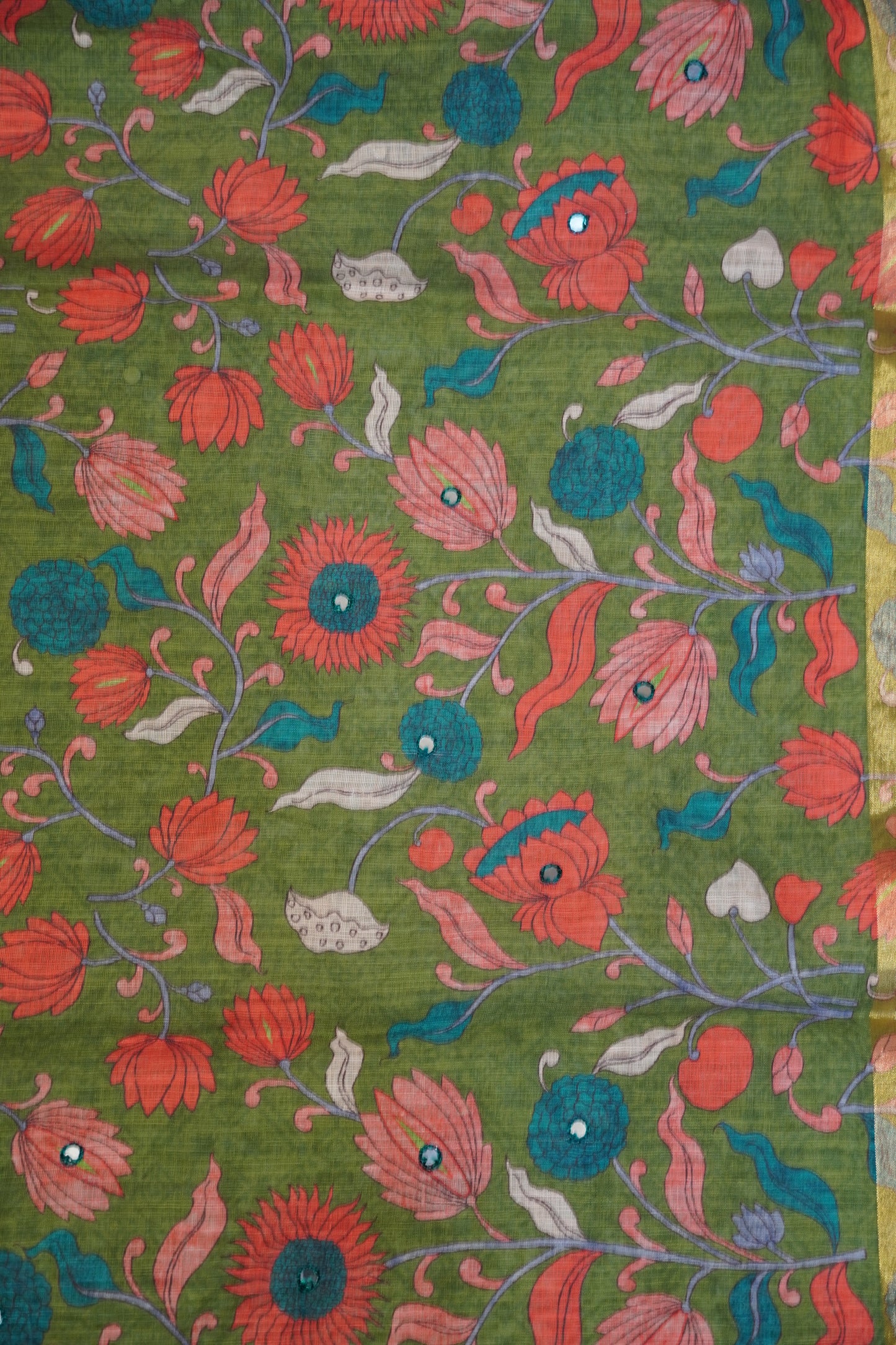 Linen Saree - Mirror Work Floral Pattern Sage Green