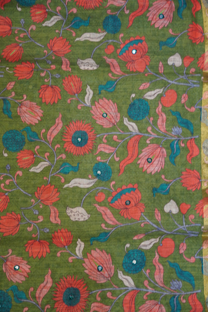 Linen Saree - Mirror Work Floral Pattern Sage Green