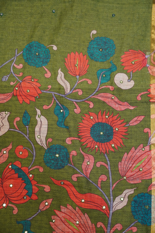 Linen Saree - Mirror Work Floral Pattern Sage Green