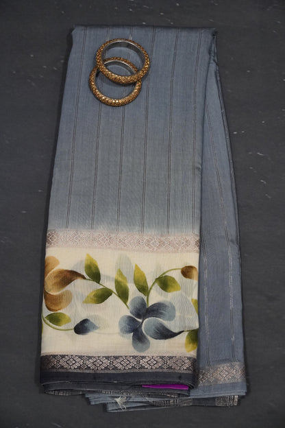 Viscose Saree - Hand Print Grey