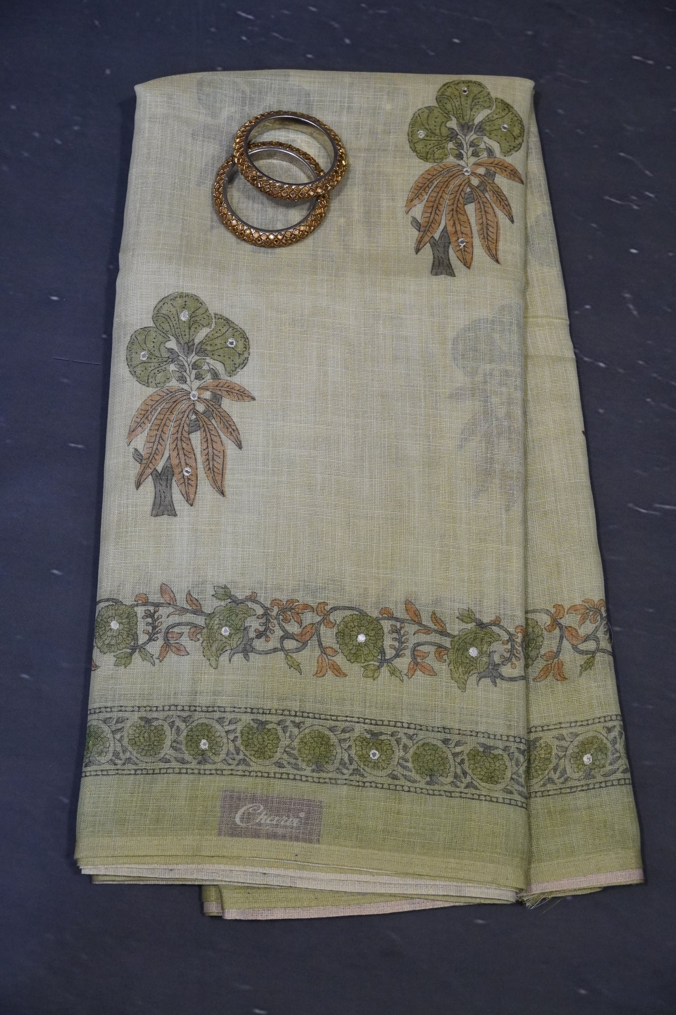 Pashmina Tissue Saree - Floral Mirror Work Light Green