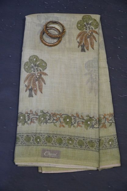 Pashmina Tissue Saree - Floral Mirror Work Light Green