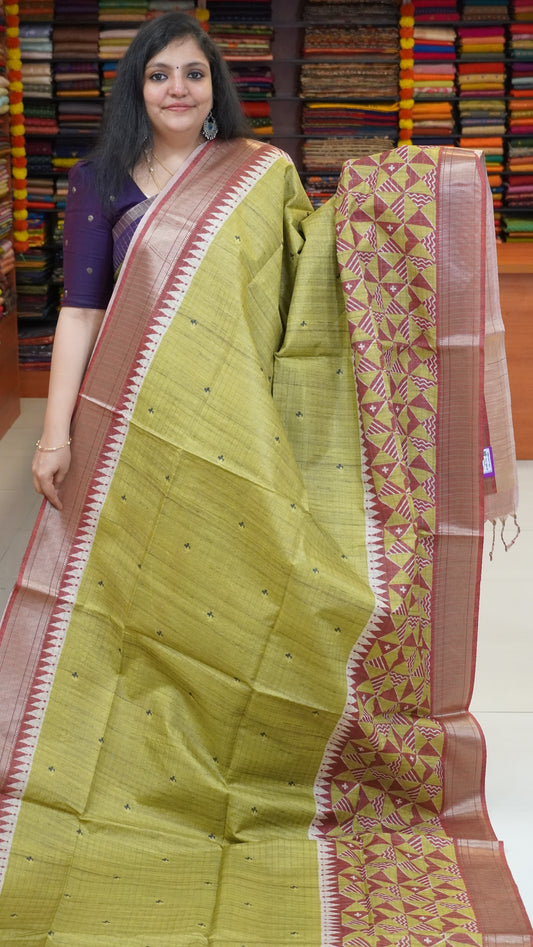 Semi Tussar Saree with Abstract Print - Mehandi Green