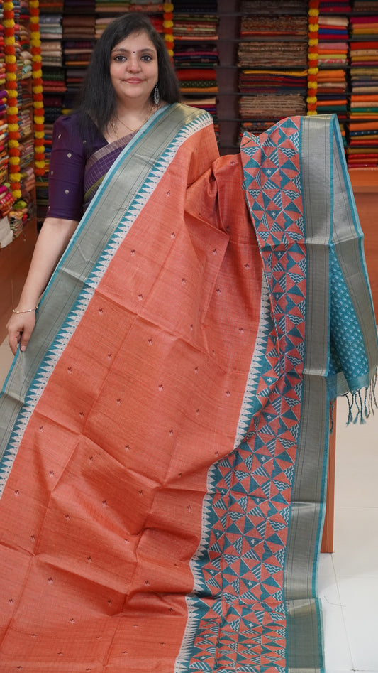 Semi Tussar Saree with Abstract Print - Brick Red