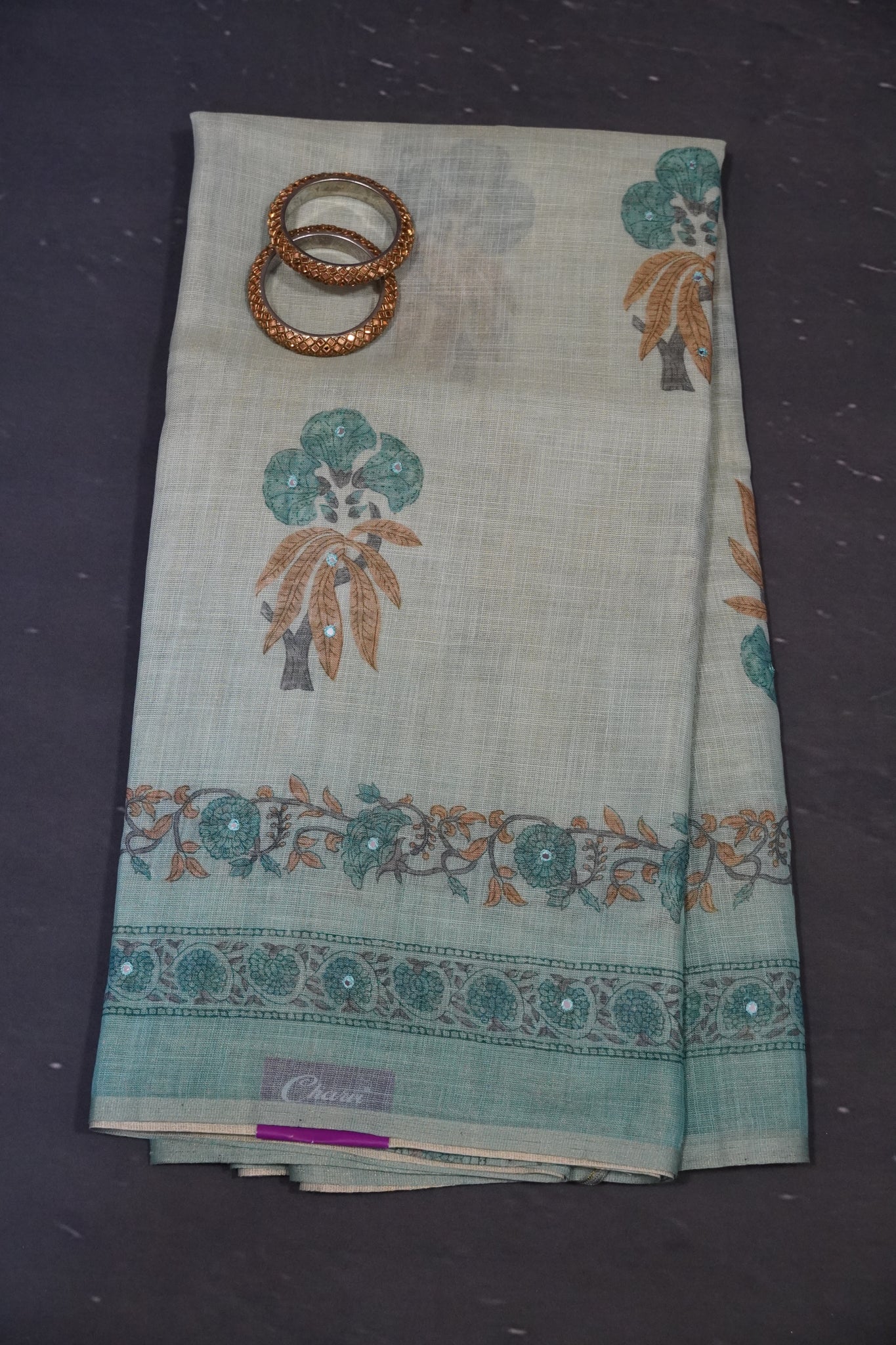 Pashmina Tissue Saree - Floral Mirror Work Sea Green