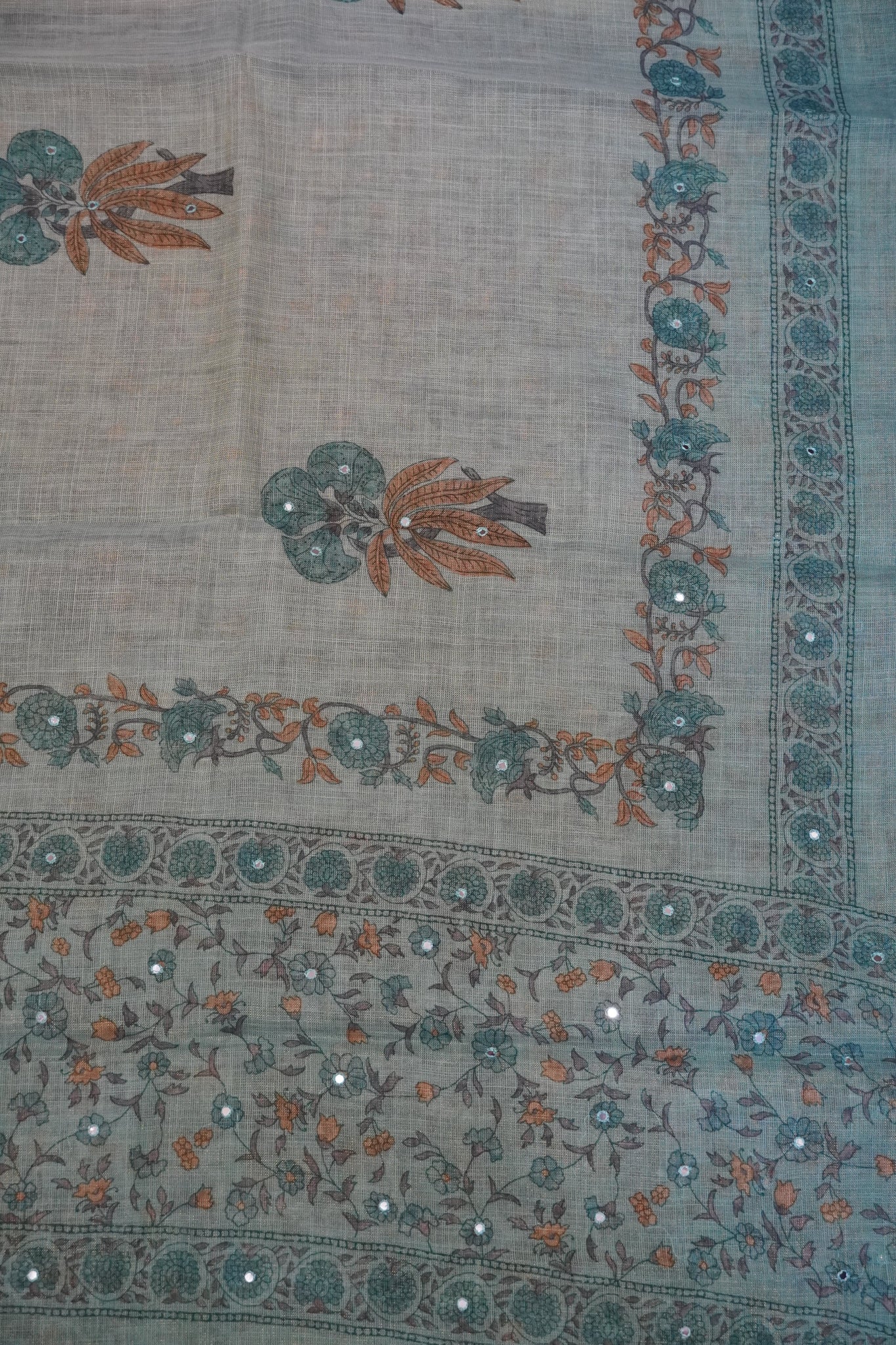 Pashmina Tissue Saree - Floral Mirror Work Sea Green