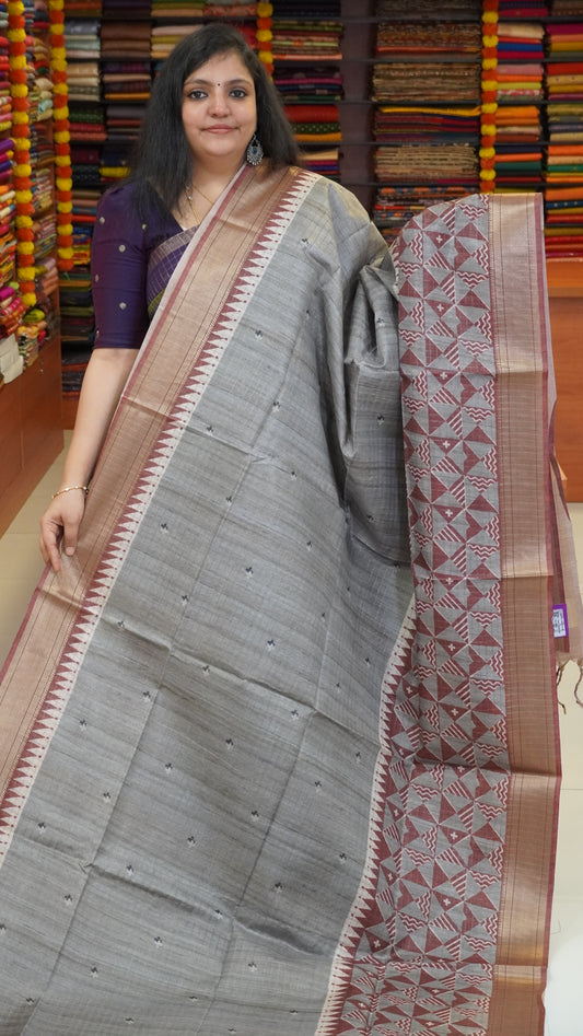 Semi Tussar Saree with Abstract Print - Grey