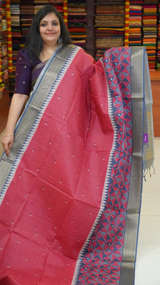 Semi Tussar Saree with Abstract Print - Pink