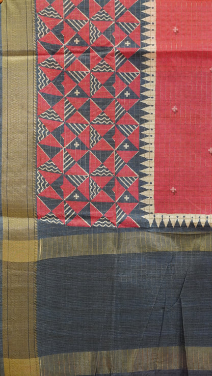 Semi Tussar Saree with Abstract Print - Pink