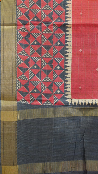 Semi Tussar Saree with Abstract Print - Pink