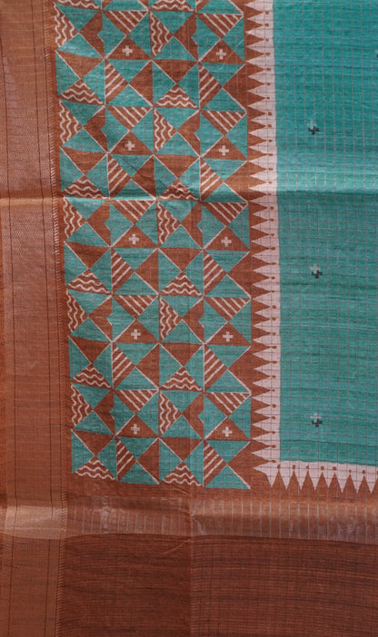 Semi Tussar Saree with Abstract Print - Ramar Green