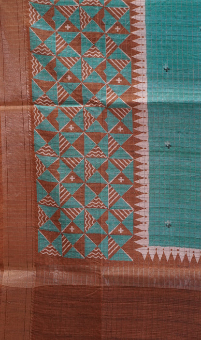Semi Tussar Saree with Abstract Print - Ramar Green