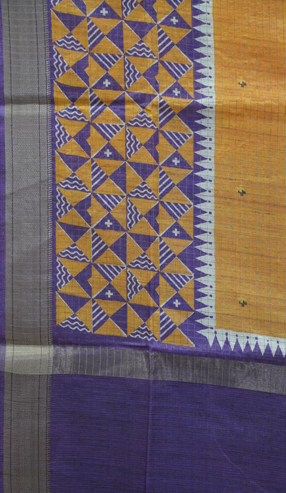 Semi Tussar Saree with Abstract Print - Mustard
