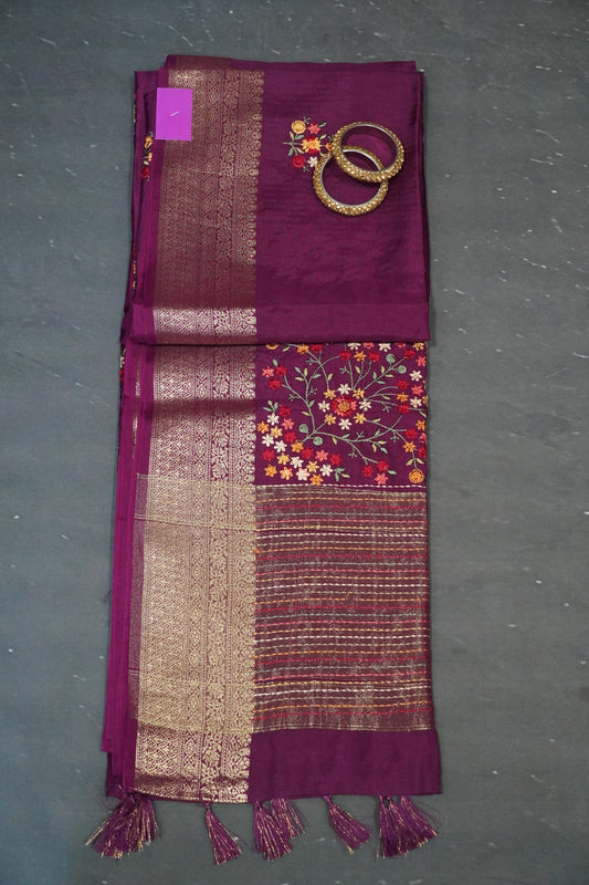 Dola Silk Saree - Floral Embryoid - Wine