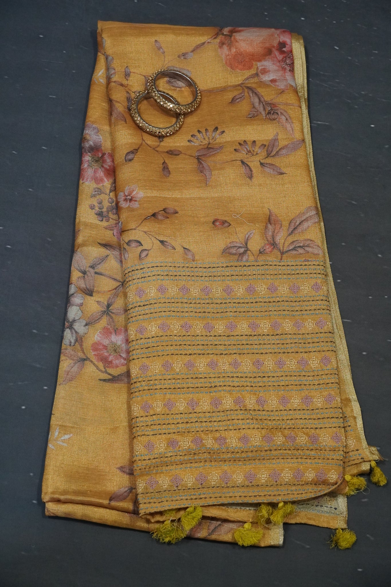 Tissue Linen Saree - Diamond Embryoid Mustard