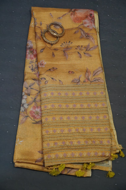 Tissue Linen Saree - Diamond Embryoid Mustard