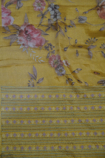 Tissue Linen Saree - Diamond Embryoid Mustard