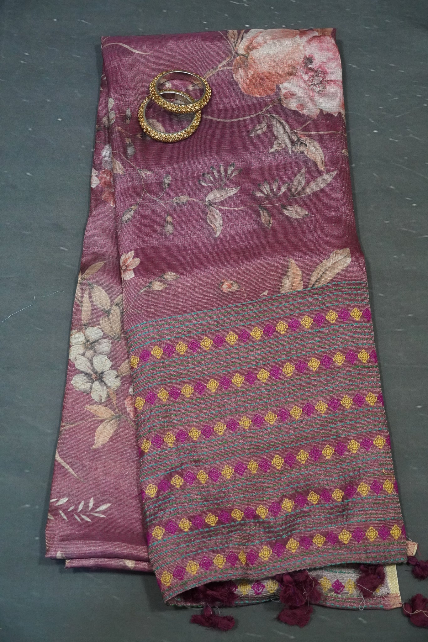 Tissue Linen Saree - Diamond Embryoid Wine