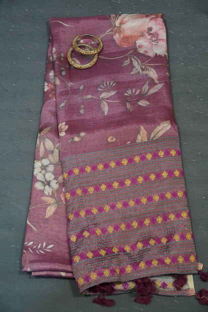 Tissue Linen Saree - Diamond Embryoid Wine