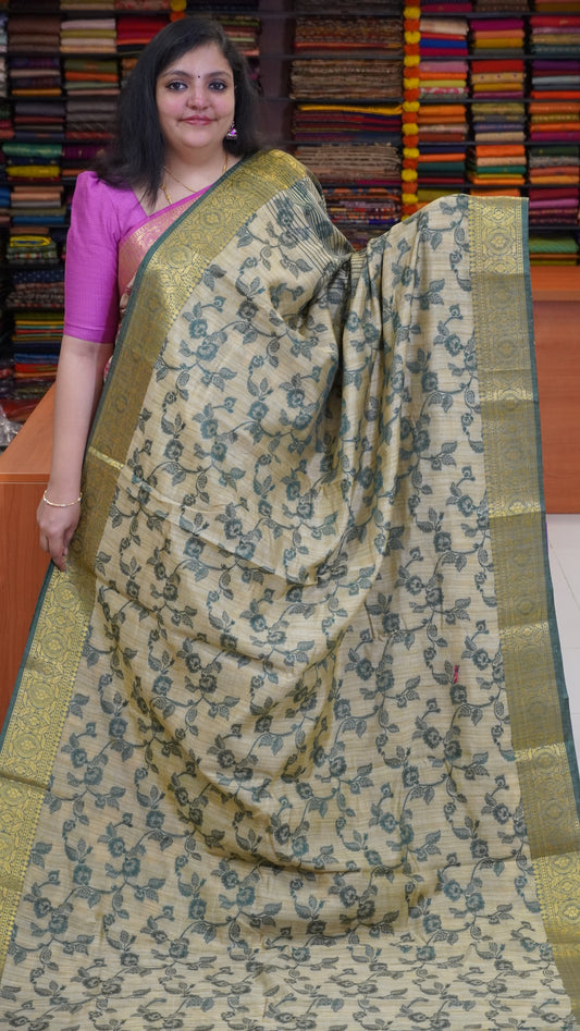 Semi Tussar Saree Embosed Print - Bottle Green