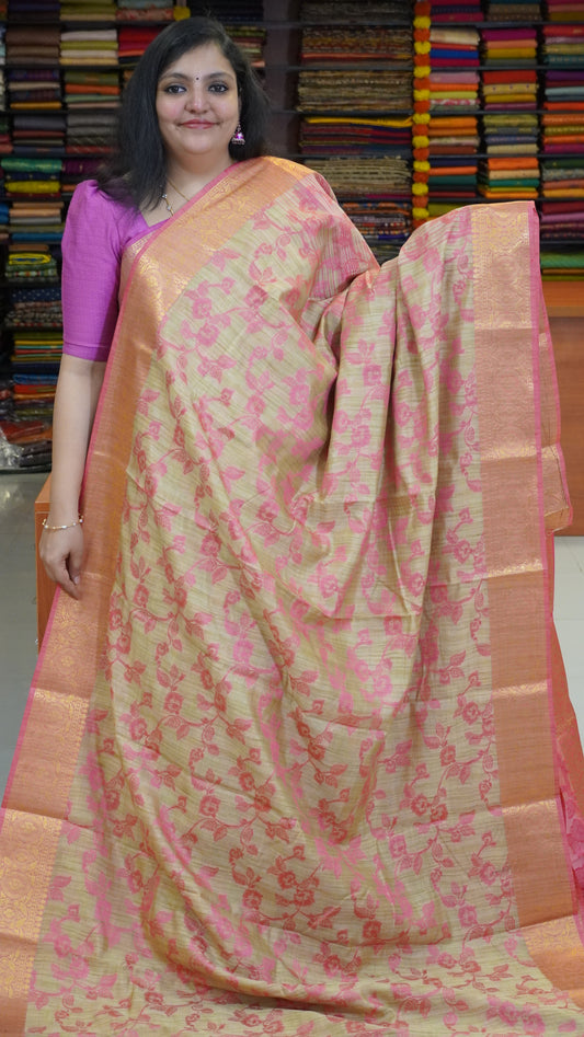 Semi Tussar Saree Embosed Print - Pink