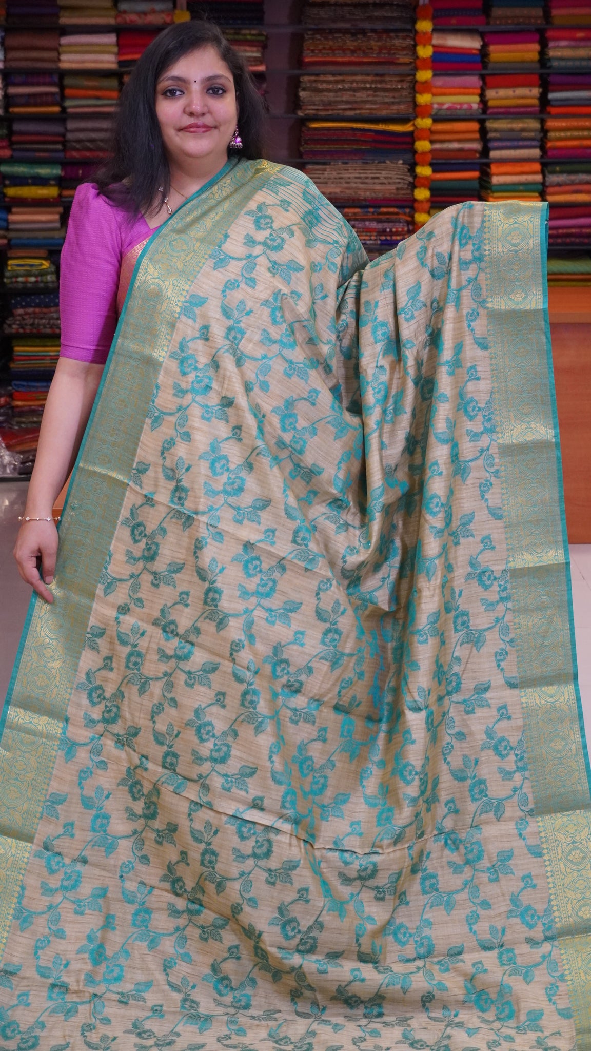 Semi Tussar Saree Embosed Print - Teal green