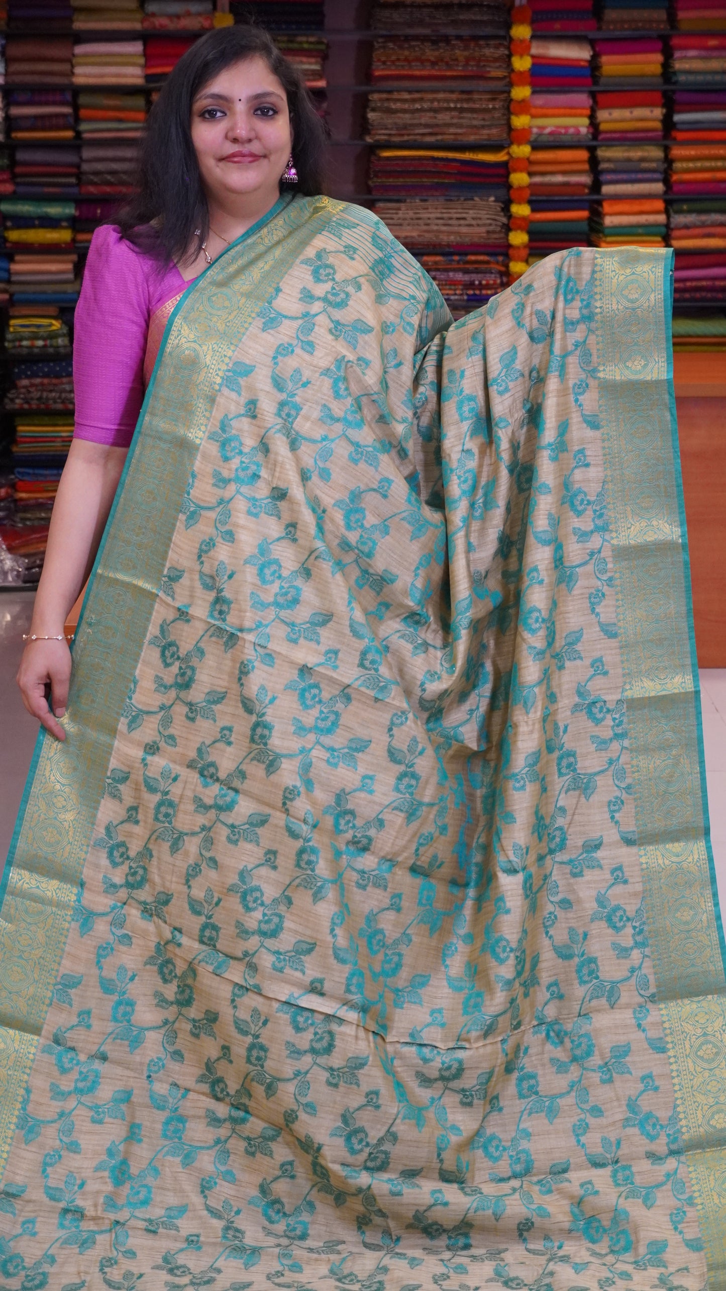 Semi Tussar Saree Embosed Print - Teal green