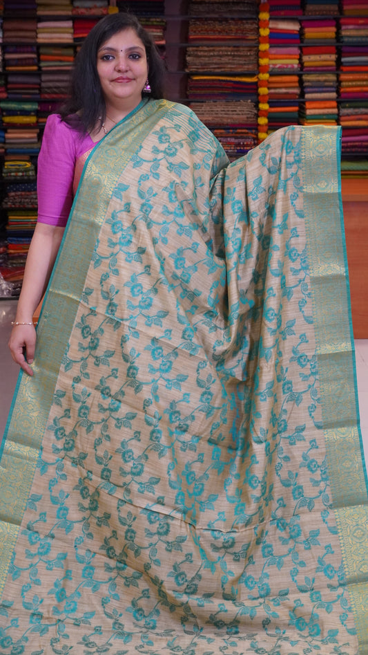 Semi Tussar Saree Embosed Print - Teal green