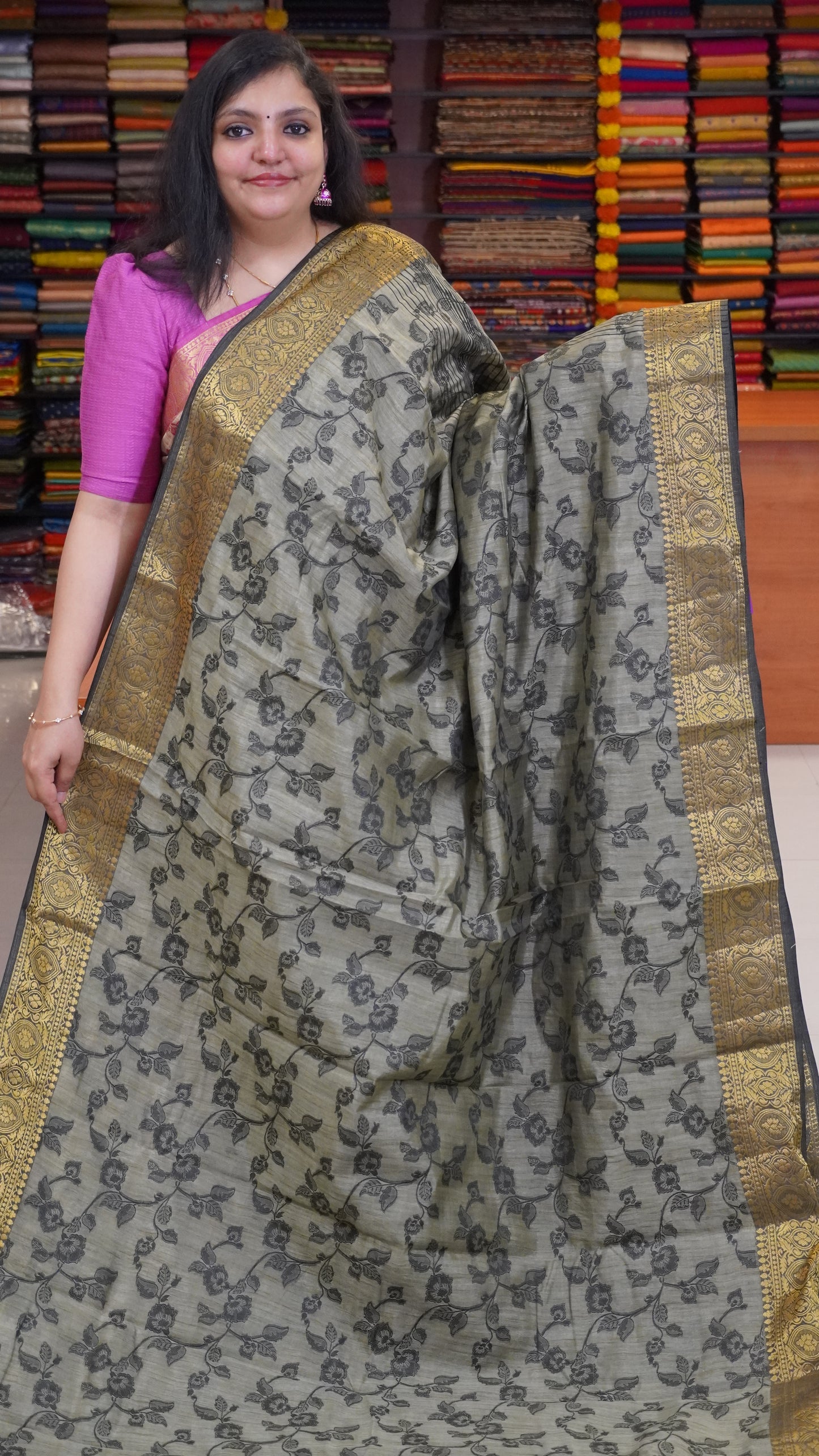 Semi Tussar Saree Embosed Print - Black