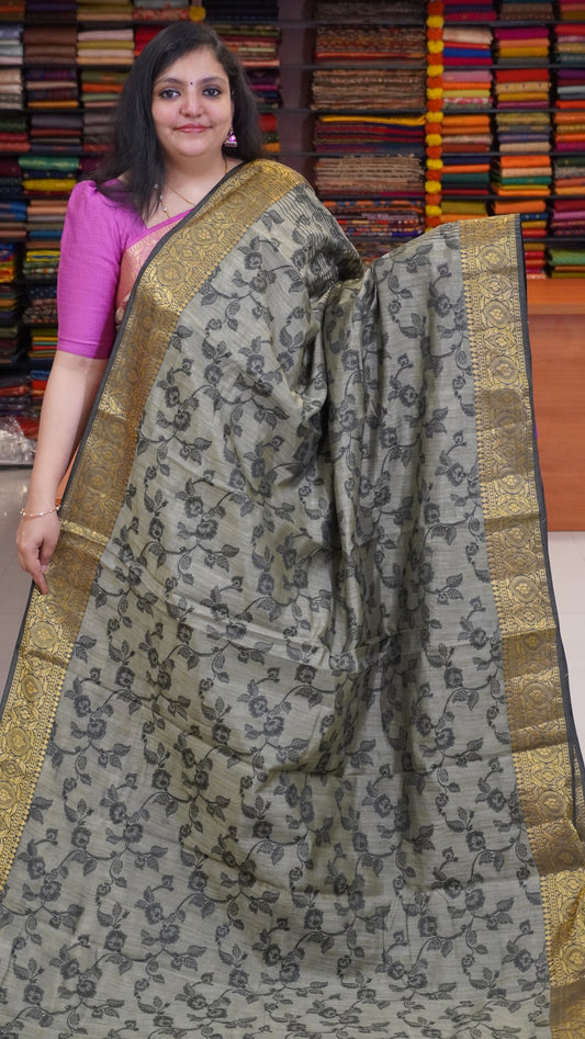 Semi Tussar Saree Embosed Print - Black