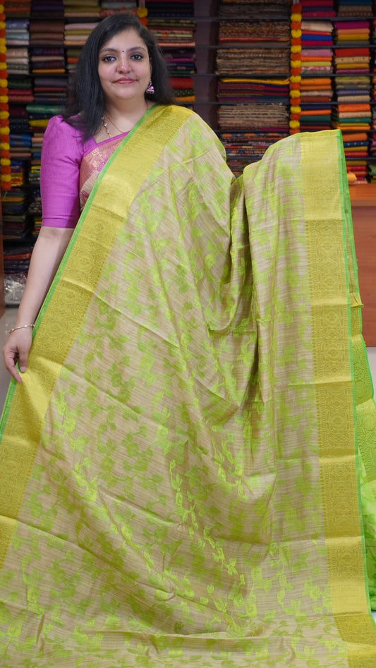 Semi Tussar Saree Embosed Print - Fluorescent Green
