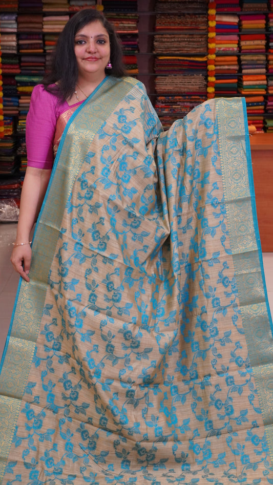 Semi Tussar Saree Embosed Print - Turquoise Blue
