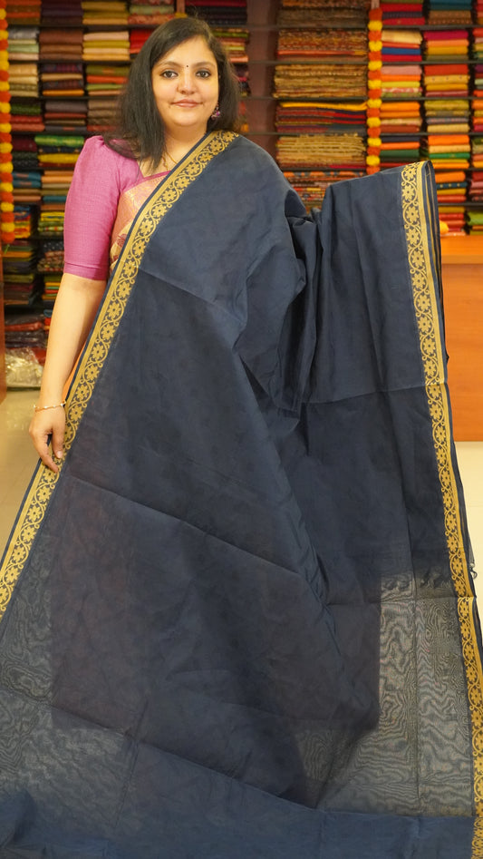 Kota Cotton Saree - Navy Blue